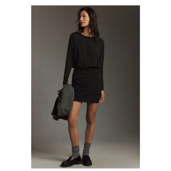 Graham & Spencer Anthropologie Black Stretch Jersey Knit Ruched Skirt Dolman Sle - Picture 13 of 13